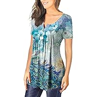 Womens Spring Tops Working Elegant Top Ladie's Tunic Short Sleeve Floral Cotton for Womens Cozy V Neck Button Blue 4XL