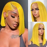 Yellow Bob Wigs Human Hair 13x4 HD Bob Lace Frontal Wig 8 Inch Short Bob Wig Free Part Pre Plucked Natural 180% Density Bob Colored Human Hair Lace Front Wigs for Women Can be Dyed and Curled