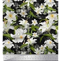 Soimoi Cotton Cambric Black Fabric - by The Yard - 42 Inch Wide - Leaves & Lily Floral Print Material - Nature-Inspired and Graceful Designs for Various Uses Printed Fabric