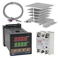 PID Temperature Controller REX-C100 REX C100 Thermostat Kit High Voltage 100ACV to 240ACV+ SSR Relay SSR-25DA+ K Thermocouple Thread Probe and White Heat Sink