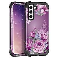 LONTECT for Galaxy S22 Plus Case Shockproof 3 in 1Heavy Duty Rugged Hybrid Sturdy High Impact Protective Cover Case for Samsung Galaxy S22 Plus/S22+ 5G 6.6 2022,Purple Flower/Black