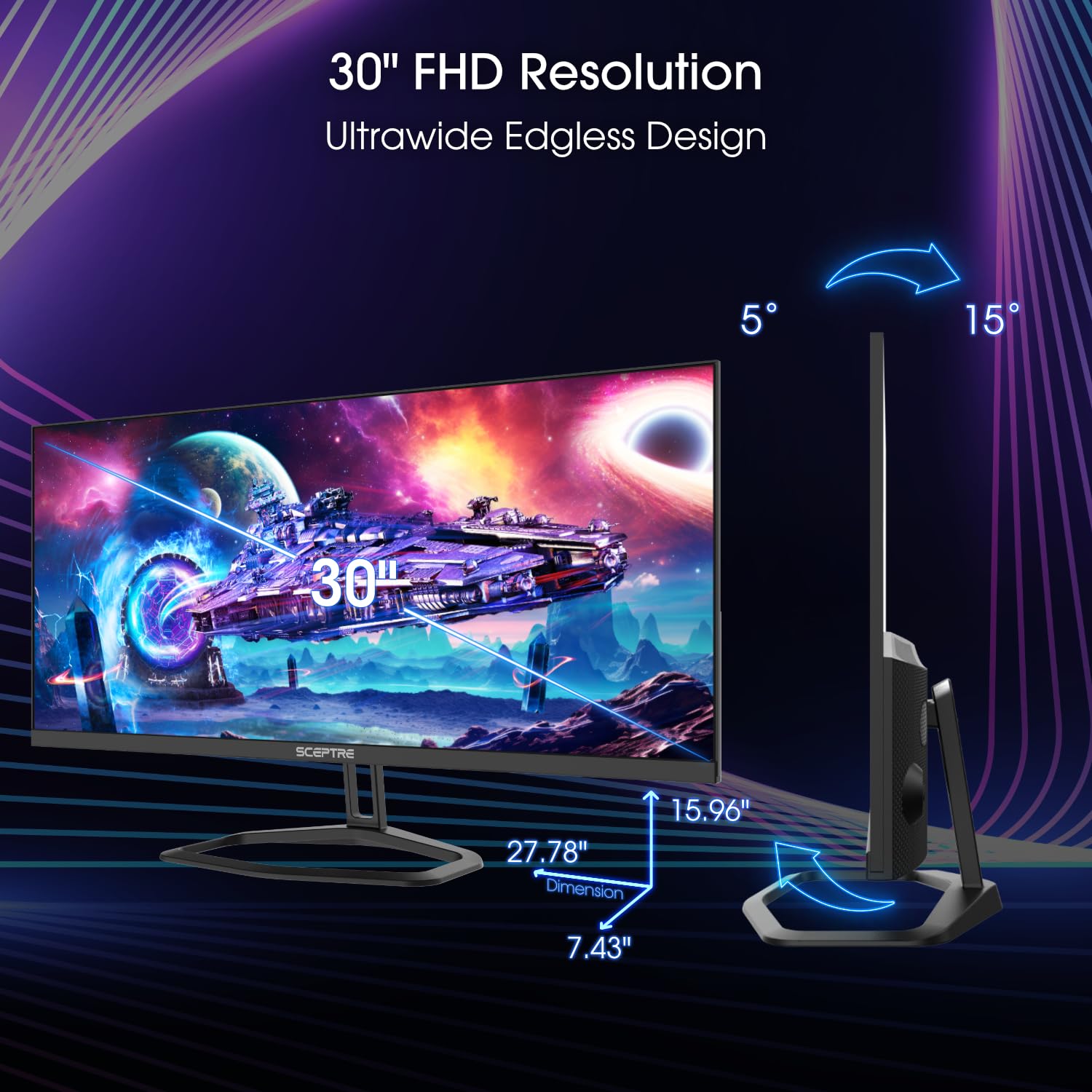 Sceptre 30-inch IPS Monitor 21:9 DisplayPort x2 up to 210Hz 1ms Ultra Wide/Slim Build-in Speakers, Machine Black 2024 (E305B-FU200T)