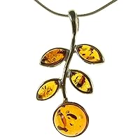 BALTIC AMBER AND STERLING SILVER 925 FLOWER LEAF PENDANT NECKLACE - 10 12 14 16 18 20 22 24 26 28 30 32 34 36 38 40