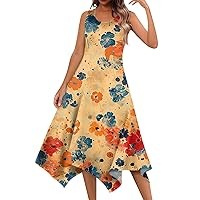 Midi Dresses for Women Flowy Hankerchief Hem Beach Dress Floral Print Sleeveless Sundress Crewneck Tank Dresses
