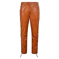 Men's Biker Leather Trouser Tan Wax Laced Motorcycle Style 100% Napa Trouser Pant 00126