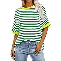 Workout Tops for Women Summer Casual Crewneck T Shirts Short Sleeve Striped Printed Pullover Top T Shirts Blouses