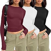 Spring Tops for Women 2024, 3 Pieces Fashion Y2K Tops Solid Color Crewneck Long Sleeve Casual Slim Fit Pullover T-Shirt