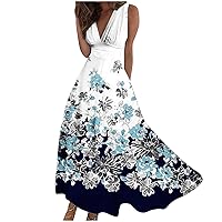 Lenago Maxi Dresses for Women 2024, Spring Summer V Neck Eleagant Sleeveless Dress, Flroal Cute Print Beach Casual Sundresses