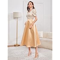 Dresses for Women - -Neck Ruched Puff Sleeve Crinkle Bodice Dress (Color : Champagne, Size : X-Small)