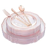 Liacere 150PCS Rose Gold Plastic Plates - Clear Rose Gold Disposable Plates with Glitter Bamboo Handle Cutlery - 60 Baroque Elegant Plates, 30 Forks, 30 Spoons, 30 Knives for Wedding & Mother’s Day
