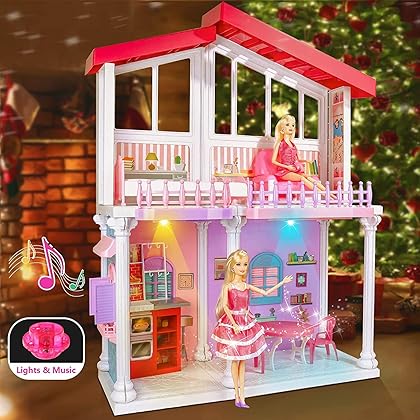 Doll House Large Plastic Dollhouse and Big Dreamhouse with Doll House Furniture, Pretend Play Toys Gifts for Girls,Fully Furnished Fashion Dollhouse