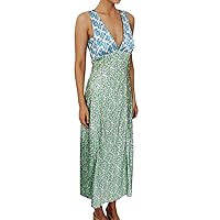 Women's Summer Dresses Casual Ladies' Floral Contrast Printed Deep V Ladies' Dress Halter Lace Up Dress(Green,Small)