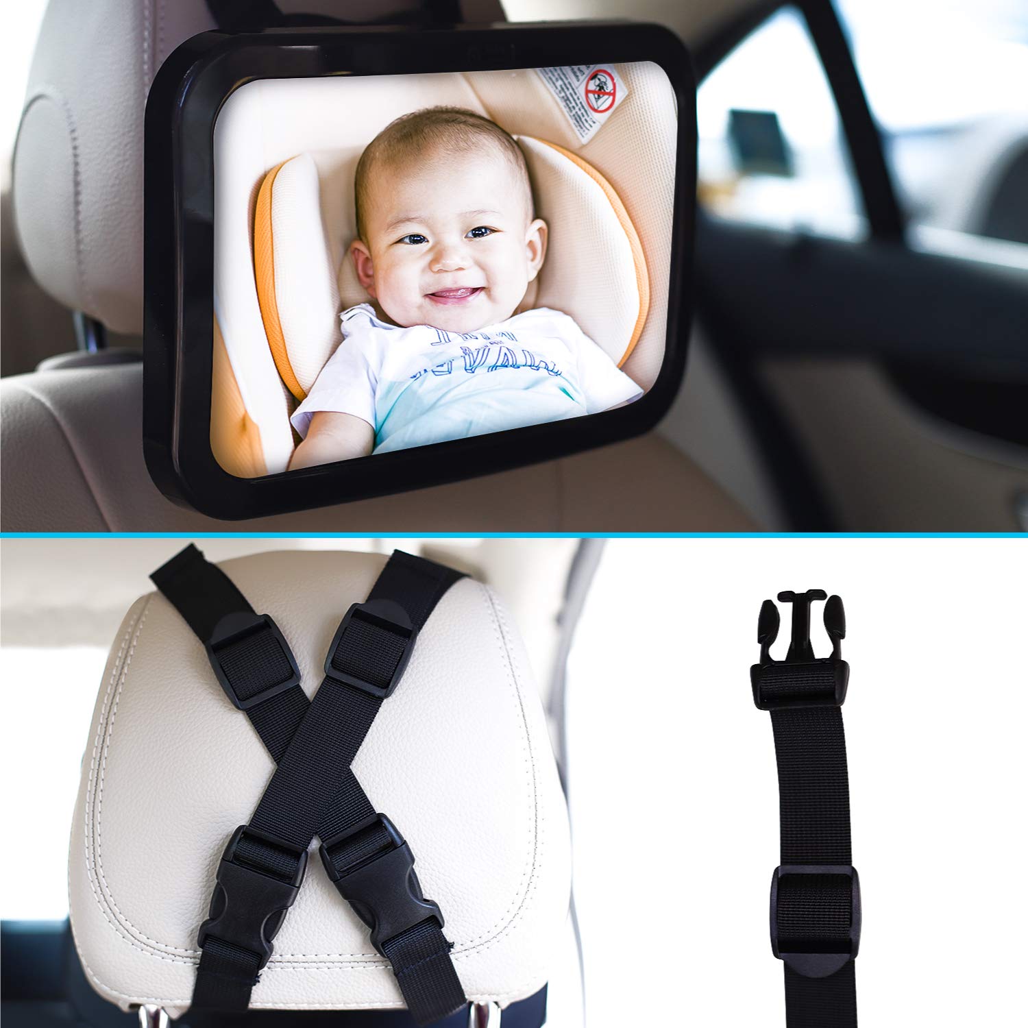 Baby & Mom Back Seat Baby Mirror - Rear View Baby Car Seat Mirror Wide Convex Shatterproof Glass and Fully Assembled - Crash Tested and Certified for Safety (Black)