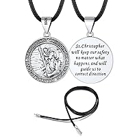 FaithHeart 2mm Waterproof Braided Leather Cord Necklace + Saint Christopher Necklace for Men
