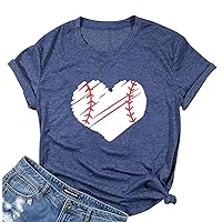 Cute Baseball Shirt Women Baseball Heart Tee Shirts Short Sleeve Crew Neck Casual Summer Graphic Tee Shirts Top