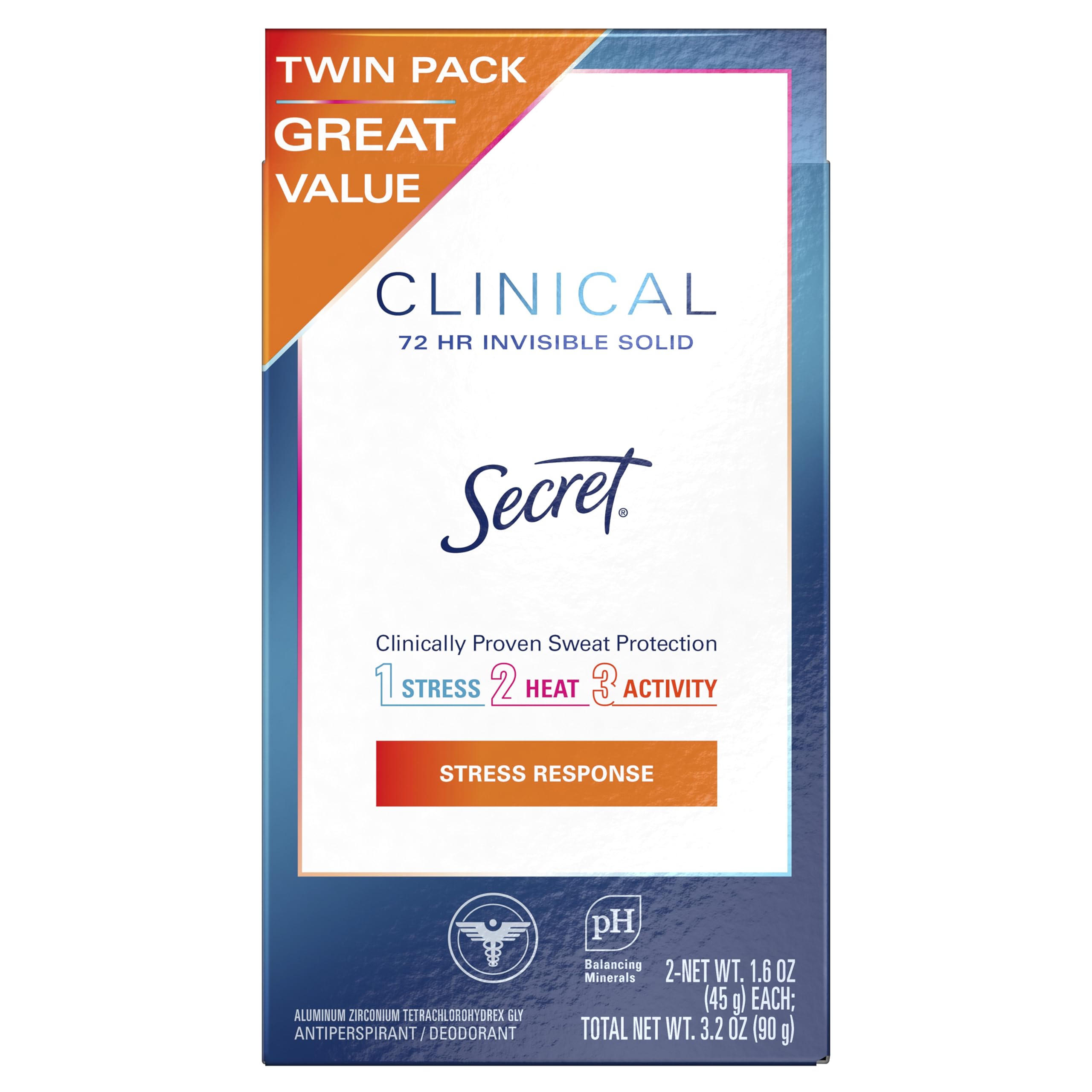 Secret Clinical Strength Invisible Solid Antiperspirant and Deodorant for Women, Stress Response, Twin Pack 1.6 oz each, 3.2oz Total