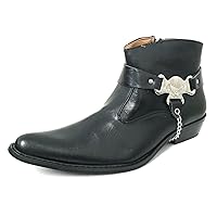 V1A055S Men's Cowboy Ankle Boots Western Leather Lining Harness Strap Chain Side Zipper Shoes