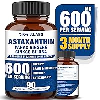 Astaxanthin 15mg + Panax Ginseng, Ginkgo Biloba Supplements, 90 Vegan Capsules, Promotes Eye, Skin, Joint Health Energy, Cardiovascular Support + Immune Defense, Focus, Memory and Mental Performance