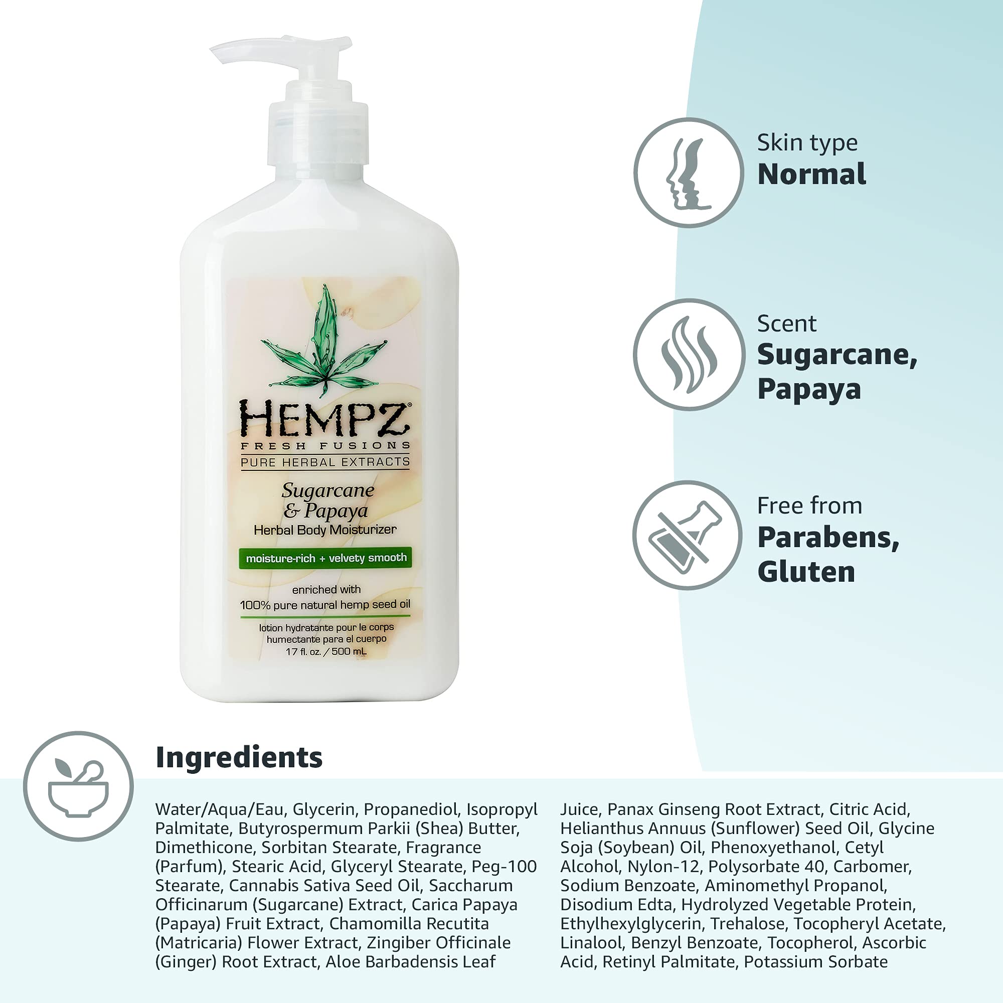 Hempz Herbal Body Moisturizer, Sugarcane & Papaya, 17 Ounce