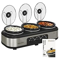 Sunvivi Slow Cooker with 10 Cooking Liners, Triple Slow Cooker Buffet Server 3 Pot Food Warmer for Parties with 3 Spoons ＆ Lid Rests,Adjustable Temp, Total 4.5 QT Silver
