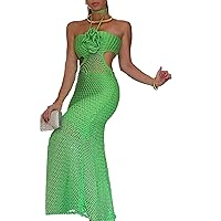 Women Crochet Halter Maxi Dress 3D Floral Ruffle Knitted Cover Up Long Dress Strappy Hollow Out Sexy Flowy Sundress