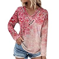 Long Sleeve Tunic Tops for Women Long Sleeve Blouses Casual V Neck Button Down Shirt Vintage Floral Print Tops Loose