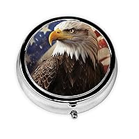 Eagle with USA Flag Print Pill Box 3 Compartments Round Pill Organizer Metal Waterproof Portable Pill Case for Pocket or Purse Vitamin/Fish Oil/Pills/Supplements