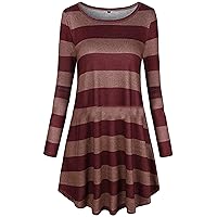 Andongnywell Women Checkered Plaid Swing Tunic Scoop Neck Casual Mini Dress with Pocket Striped Loose T-Shirt Dress