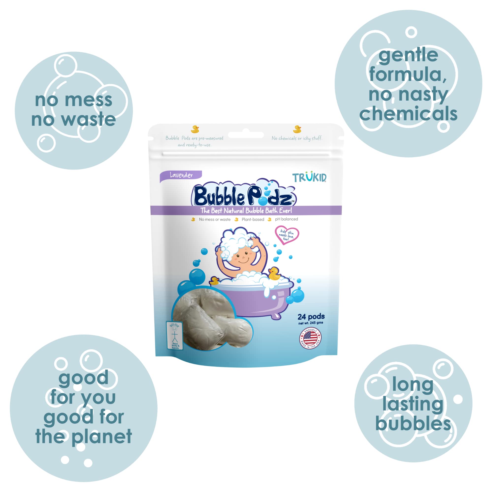 TruKid Bubble Podz Bubble Bath Bundle for Baby & Kids, Gentle Refreshing Bath Bomb for Sensitive Skin, pH Balance 7 for Eye Sensitivity, Natural Moisturizers and Ingredients, Five SCENTS