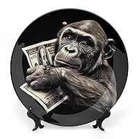 Monkey and 100 Dollar Bill Bone China Decorative Plate Ceramic Plates Craft with Display Stand for Home Office Wall Decoration
