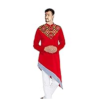 Indian Men's Embroidered Kurta Casual Trail Cut Shirt Ethnic Wedding Wear Cotton Tunic Red Color