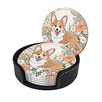 Coasters Sets of 6 with Holder PU Leather Bar Drink Coasters for Coffee Table Home Decor, New Apartment Essentials for Men Women Housewarming Gifts - Corgi Floral Flowers