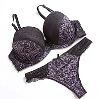 Women's Embroidery Floral Push Up Underwire Lingerie Lace Patched Bra and Thong Panty Set Valentines Day Underwear