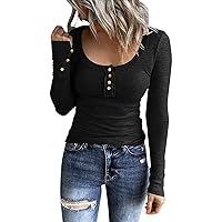 Womens Tops with Buttons Women Long Sleeve Henley T Shirts Button Down Slim Fit Tops Scoop Neck Ribbed Knit Sh