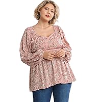 Umgee Floral Print Velvet Trimmed Detail Long Keyhole Balloon Sleeve Top with High Low Hem & No Lining