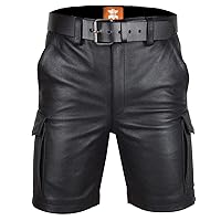 Original Leather Men’S | Cargo Shorts | Black Glossy Finish | With Leather Belt (38)