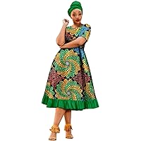 2022 African Dresses for Women, O-Neck, Print Ruffles, Knee-Length Customizable Dress with Turban Headwrap