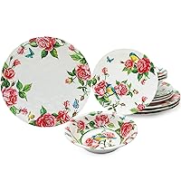 12 Pcs Melamine Dinnerware Sets, Rose Flower Plates and Bowls Sets, Set of 4 Spring Floral Dishes Dinnerware Set, Great For Valentine's Day,Christmas, Mother's Day and Daily Use, Red Rose