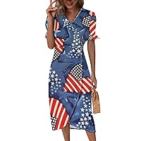 Fourth of July Dresses for Women Casual Wrap V Neck Short Sleeve Flowy Ruched Button Elegant Comfy Tunic Party Dress