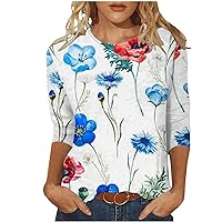 3/4 Sleeve Tops for Women, Women's Summer Crewneck T Shirts Casual Loose Tunic Ethnic Floral Cute Tees Dressy Blouses
