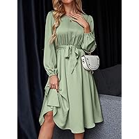 Summer Dresses 2023 Lantern Sleeve Keyhole Back Belted Satin Dress (Color : Mint Green, Size : Small)