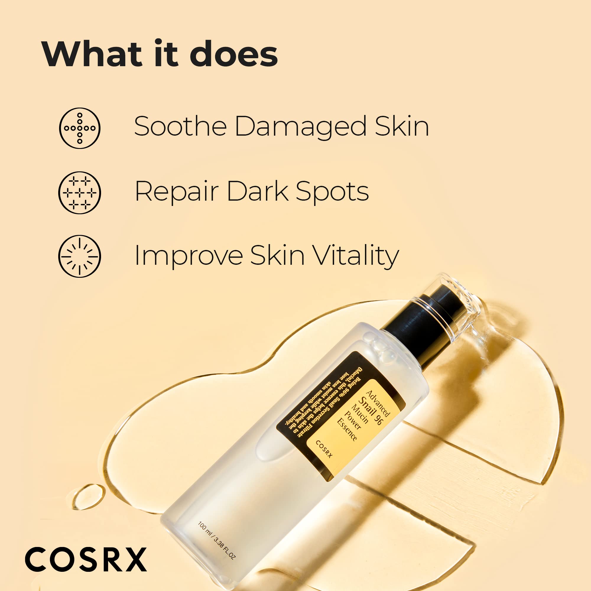 COSRX Snail Mucin 96% Power Repairing Essence 3.38 fl.oz 100ml, Hydrating Serum for Face with Snail Secretion Filtrate for Dull & Damaged Skin, Not Tested on Animals, No Parabens, Korean Skincare