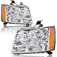 G-PLUS Headlights Assembly, Compatible with 2007 2008 2009 2010 2011 2012 2013 2014 Chevy Suburban/ 2007-2013 Tahoe Avalanche bumper Headlamp, Clear lens Chrome Housing Amber Reflector