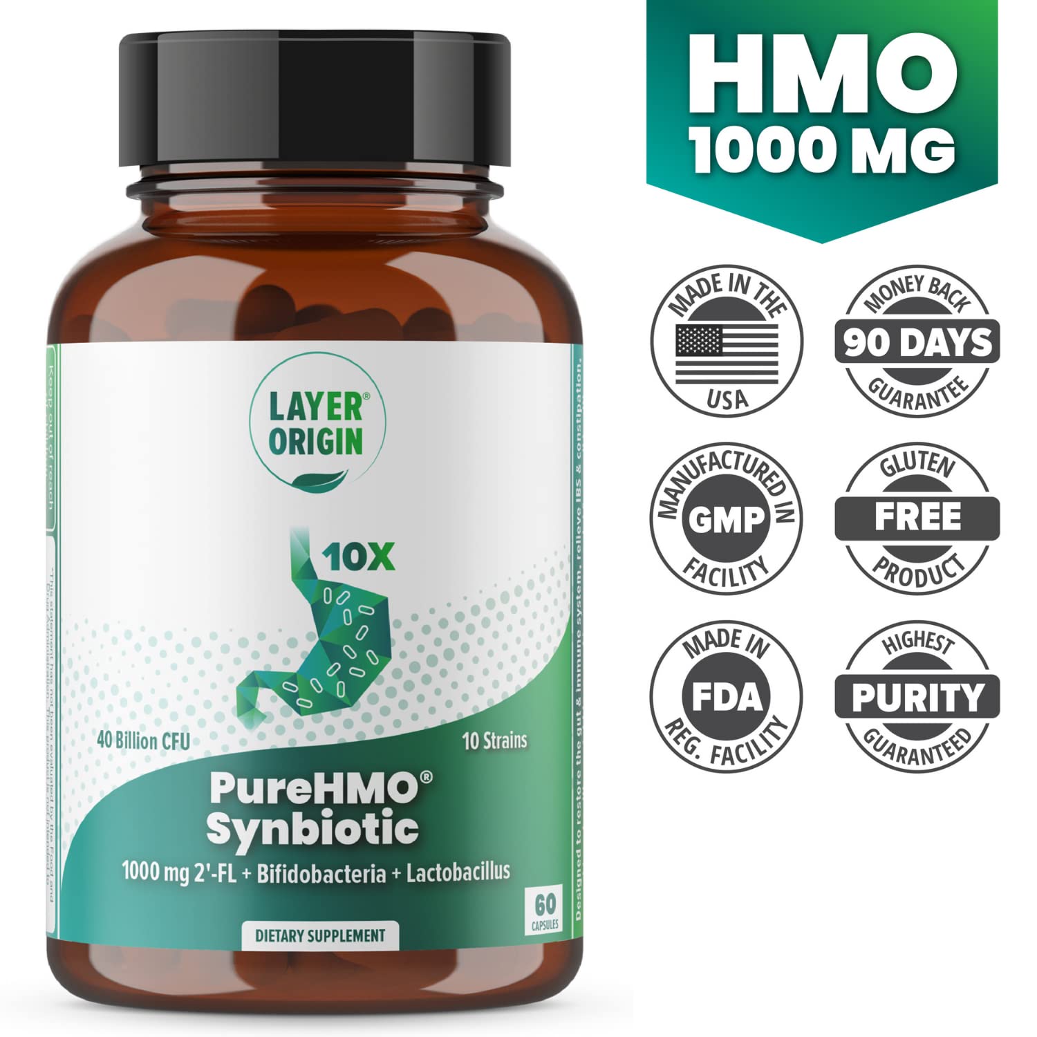 Layer Origin | PureHMO Synbiotic, Super Prebiotic + Probiotic, 1000 mg of Human Milk Oligosaccharides Powder, 10 Strains, 40 Billion CFU Probiotic