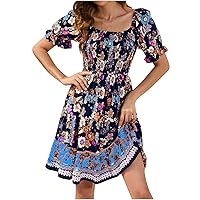 Summer Beach Sundress for Women Floral Print Square Neck Puff Sleeve Smocked Pleated Flowy Tiered Swing A Line Dress