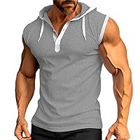 Muscle Hooded Gym Tank Tops for Men Summer Casual Sleeveless Button Up Drawstring Waffle Henley Shirts Cut Off T Shirt