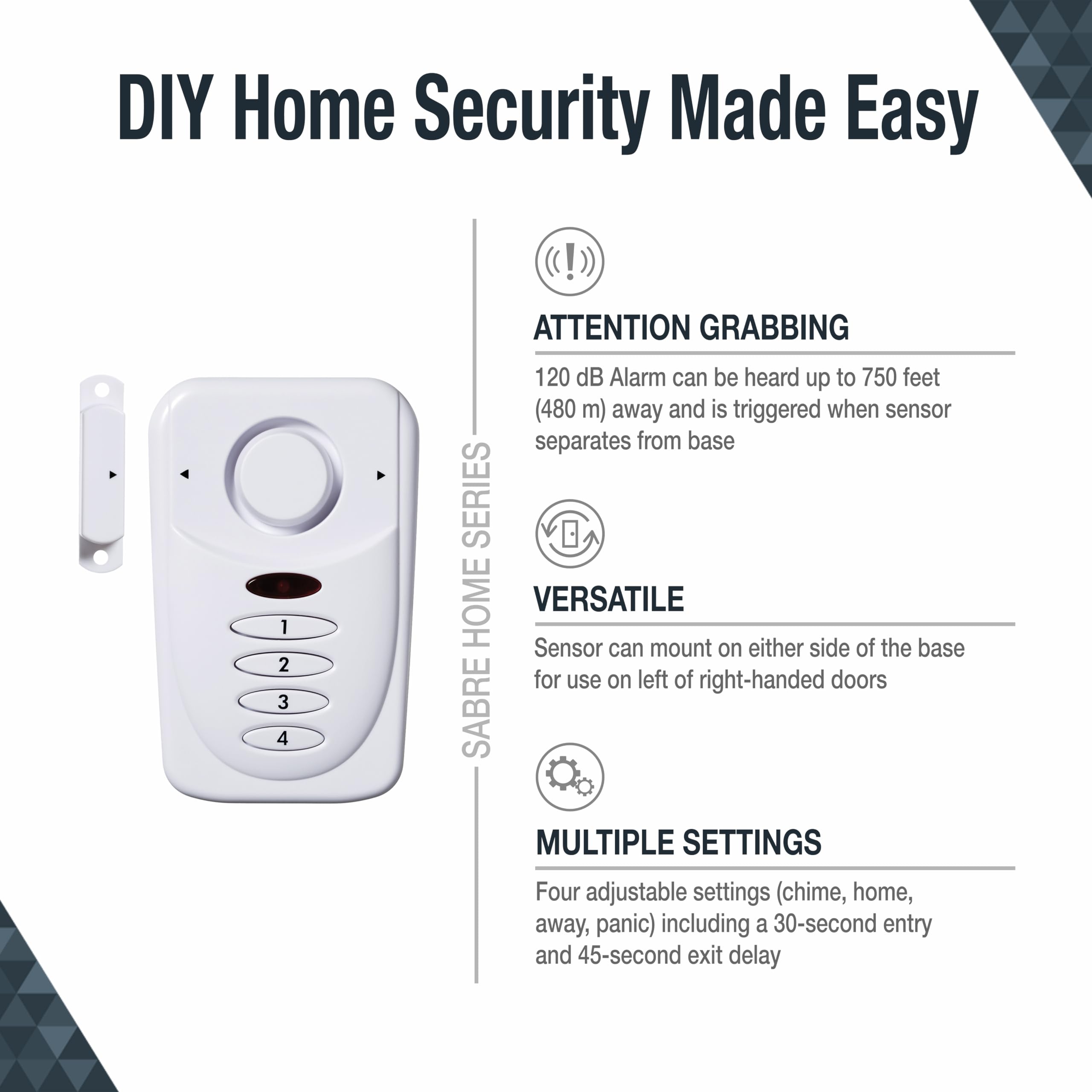 SABRE Elite Wireless Door Alarm with Exit/Entry Delay Mode, Home Mode & Keypad, Deters Intruders w/ 120dB Alarm Heard Up to 1,500 ft, Versatile Settings, Works on Both Left & Right Side Opening Doors