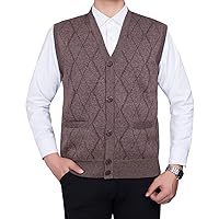 Flygo Mens Thermal Fleece Vest V-Neck Button Up Knit Argyle Sweater Vests