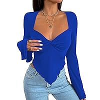 Avanova Women's Long Sleeve Square Neck Crop Top Twist Front Asymmetrical Shirt