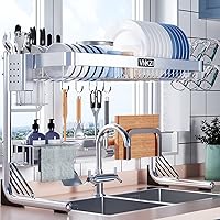 VNKZI Over Sink Dish Drainer Drying Rack, 2 Tier Full Stainless Steel Storage Adjustable Length (25.98'' to 36.61'') Kitchen Rack, Multifunctional Expandable Counter Organizer, Space Saver Dish Rack